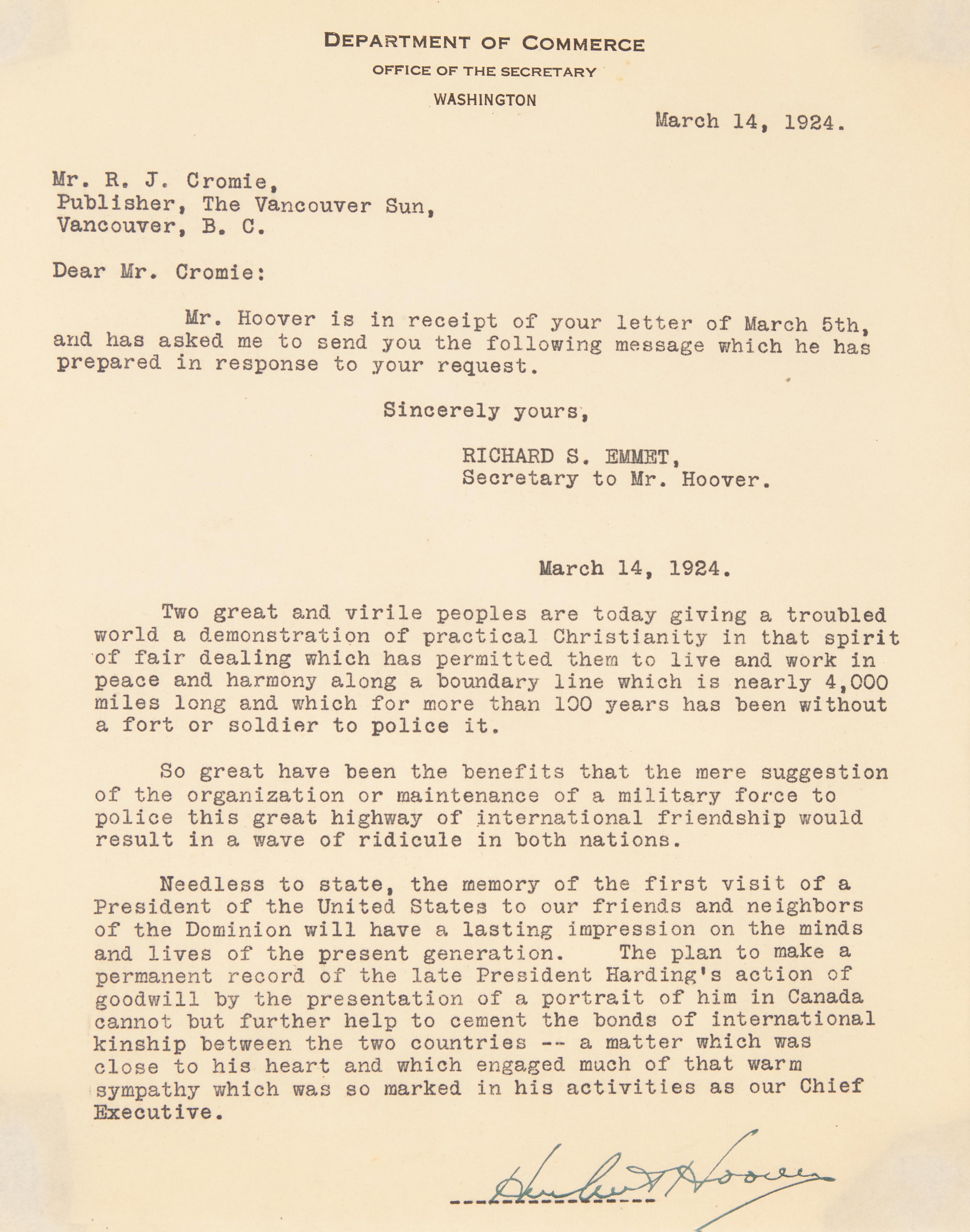 [Presidential] Hoover, Herbert. Typed letter, signed