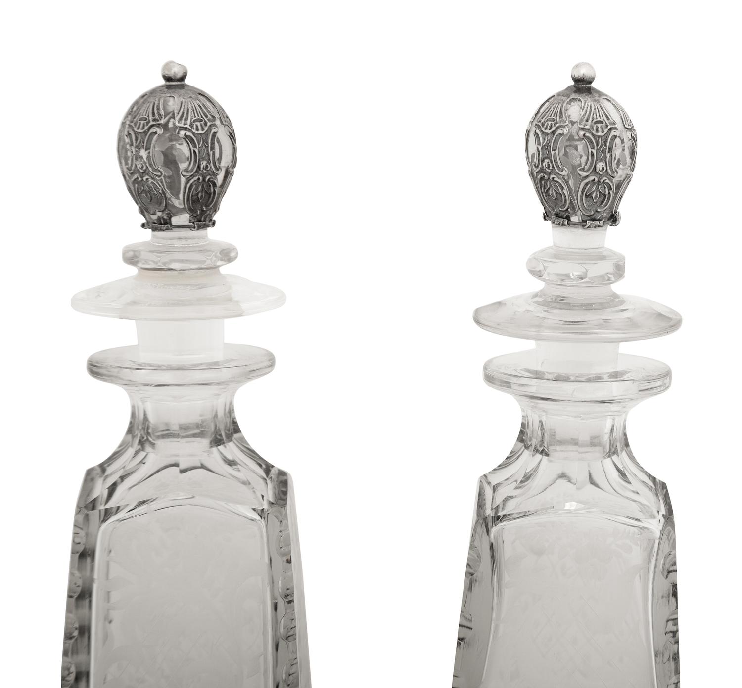 A Pair of American Silver Mounted Etched Glass Decanters