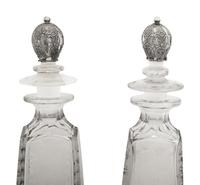 A Pair of American Silver Mounted Etched Glass Decanters