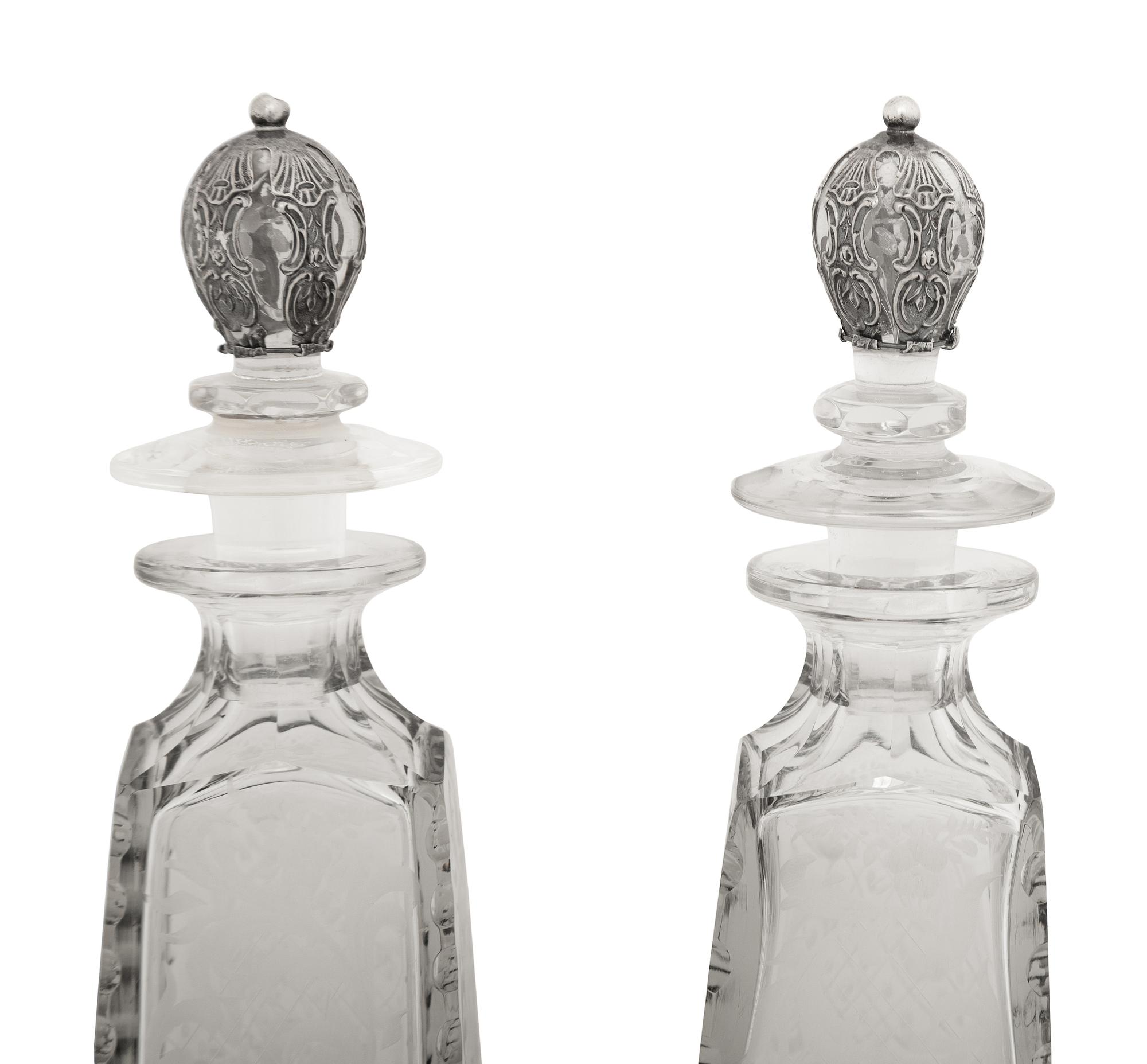 A Pair of American Silver Mounted Etched Glass Decanters