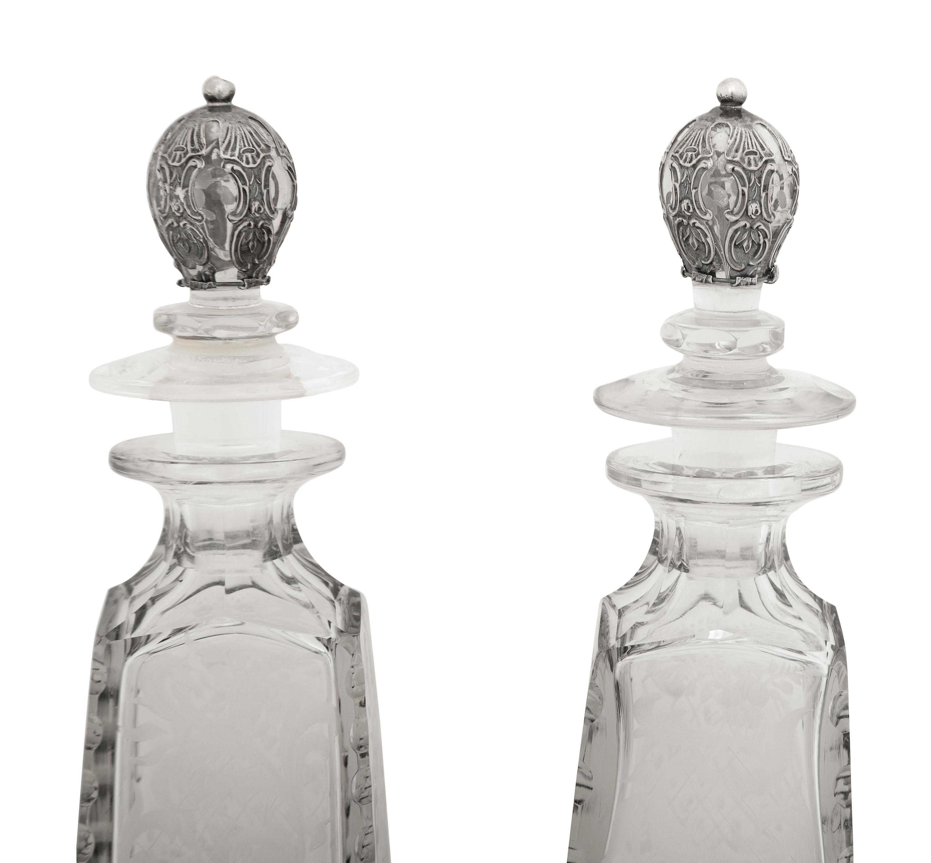 A Pair of American Silver Mounted Etched Glass Decanters