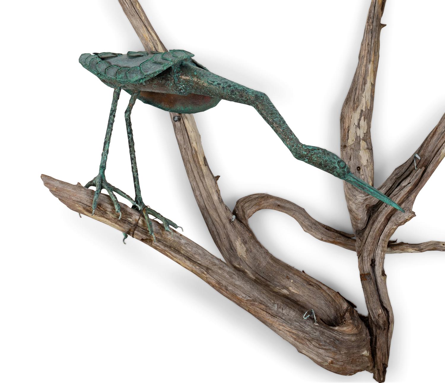 A Copper and Driftwood Wall Sculpture with Two Herons