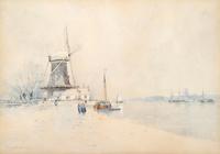 Windmill near a river with figures in the snow