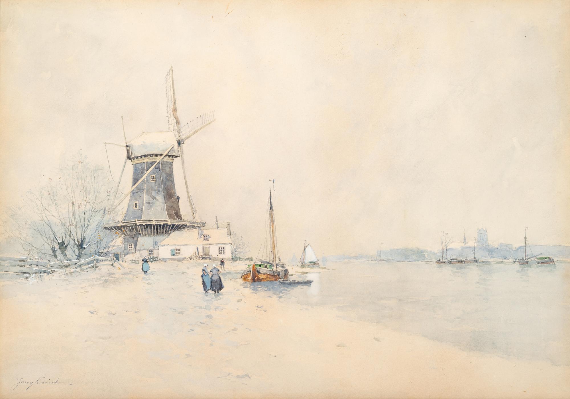 Windmill near a river with figures in the snow