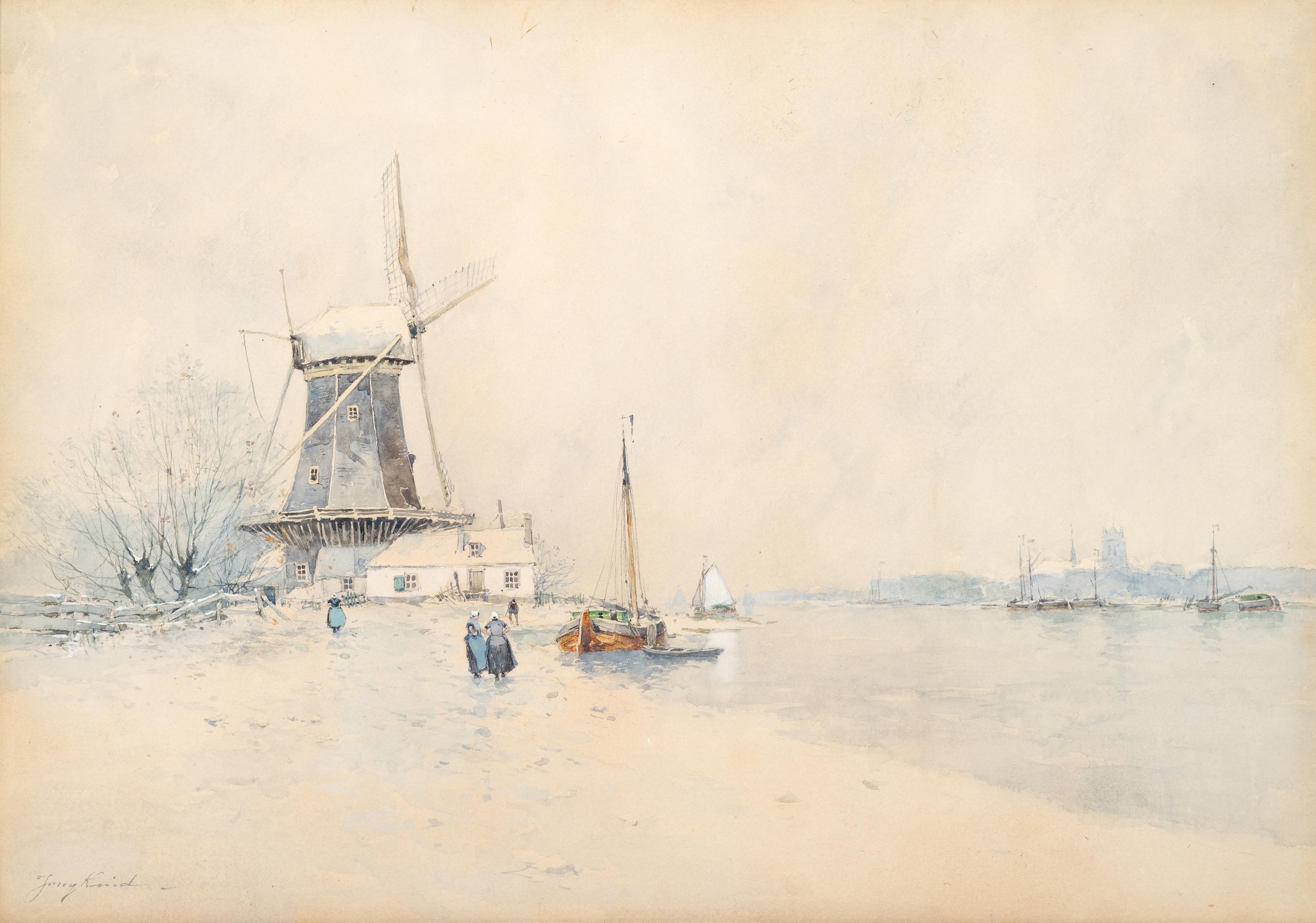 Windmill near a river with figures in the snow