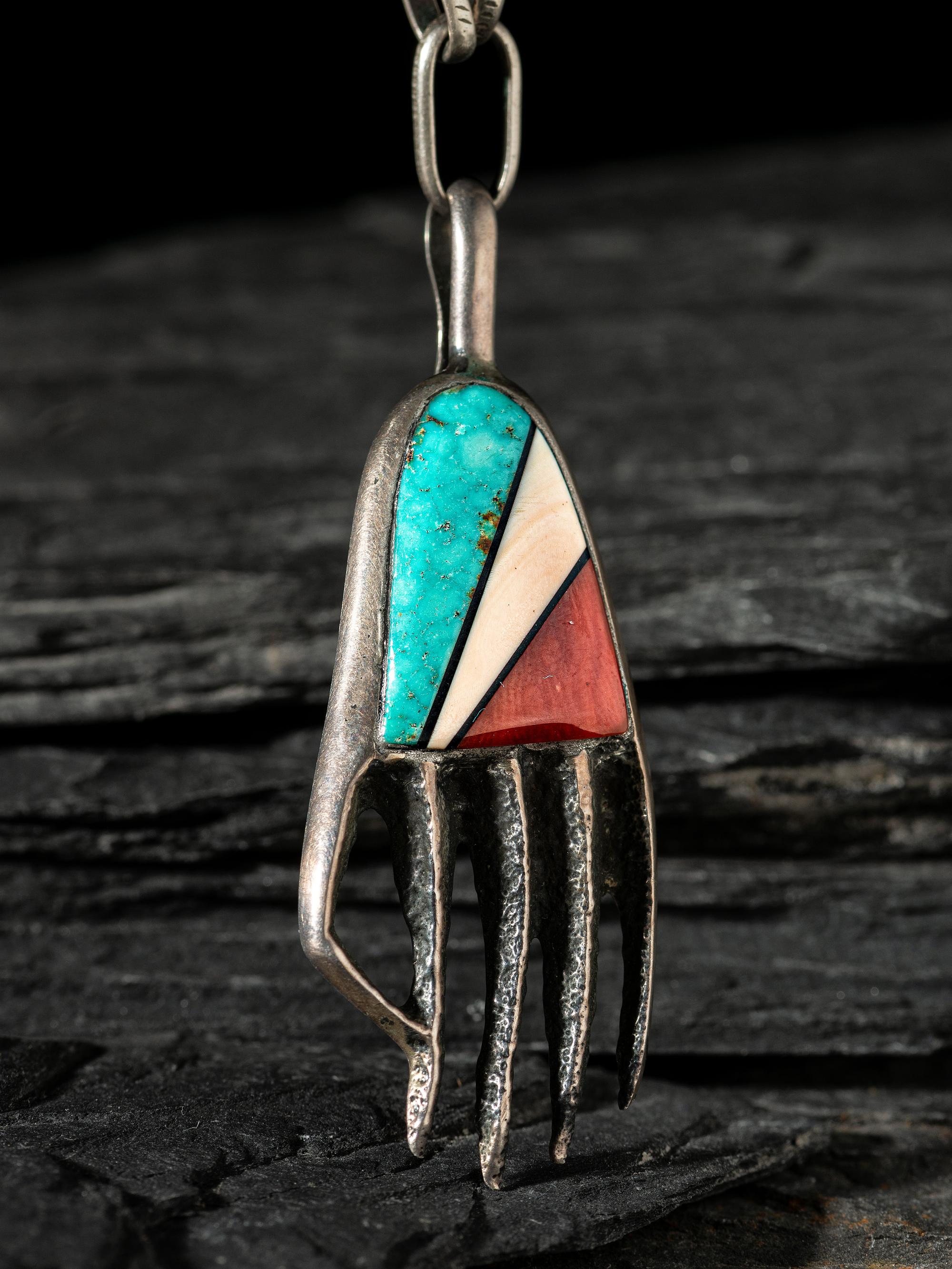 Silver Tufa Cast Bear Paw Pendant, with Inlay