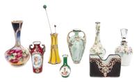 A Group of Silver Overlay Porcelain Articles Height of tallest 7 inches.