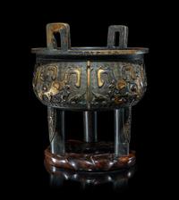 A Chinese Parcel Gilt Archaistic Bronze Bronze Ding Vessel