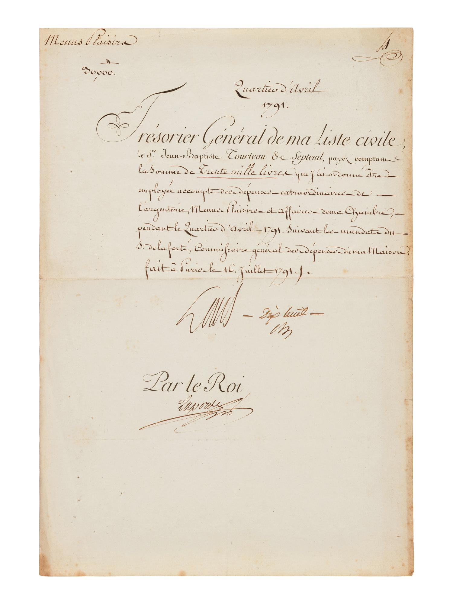 LOUIS XVI, King of France (1754-1793). Partly printed document signed ("Louis"), July 16, 1791. Countersigned by Arnaud de Laporte.