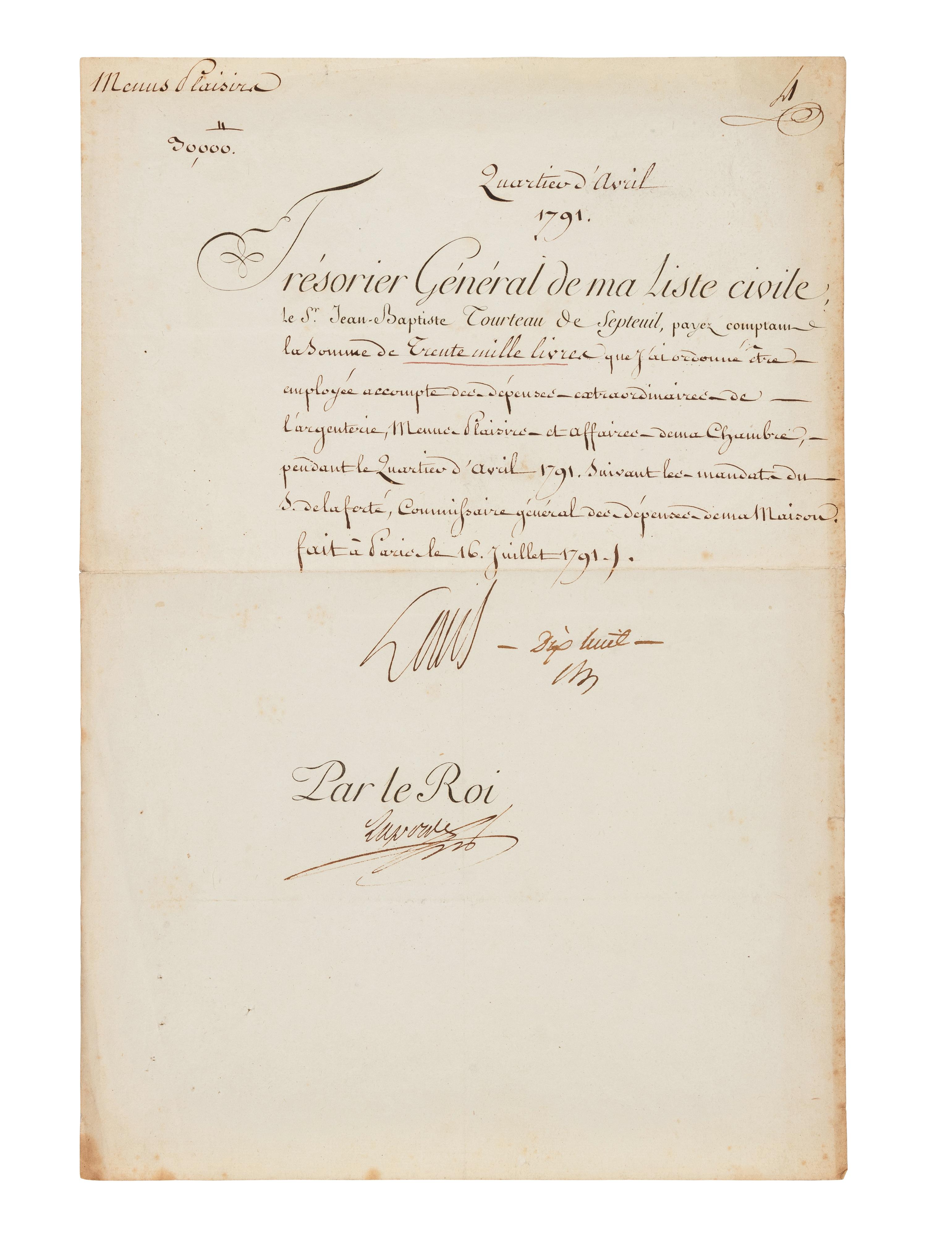 LOUIS XVI, King of France (1754-1793). Partly printed document signed ("Louis"), July 16, 1791. Countersigned by Arnaud de Laporte.