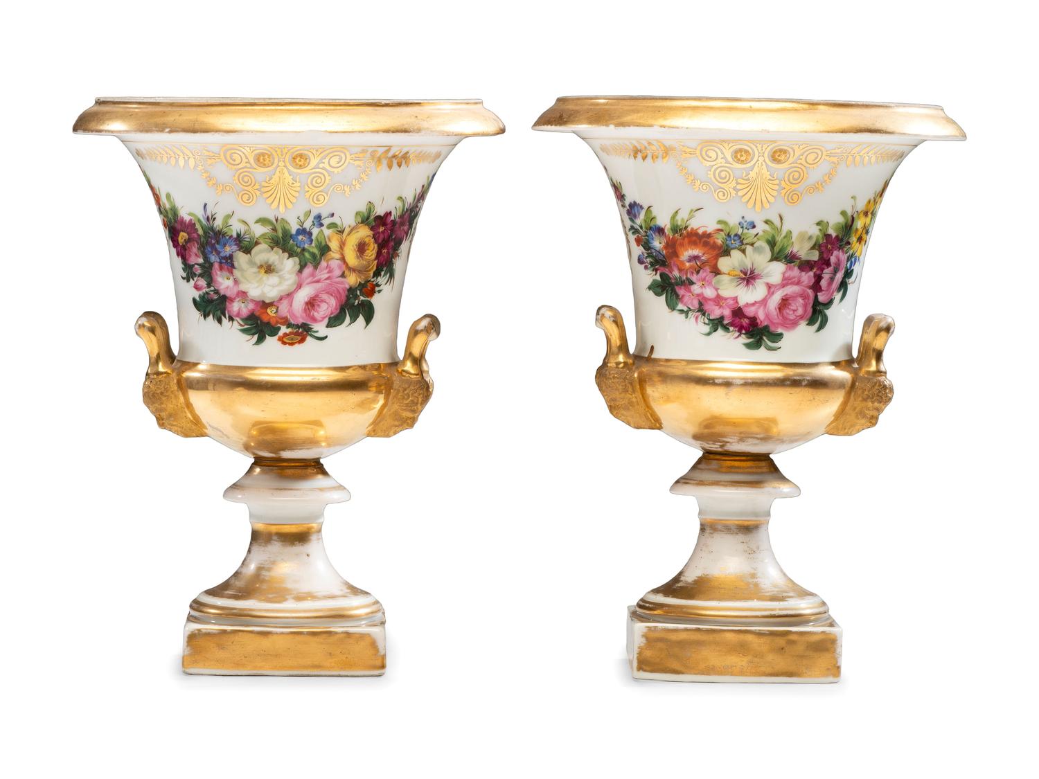 A Pair of Parcel Gilt and Polychrome Decorated Porcelain Vases