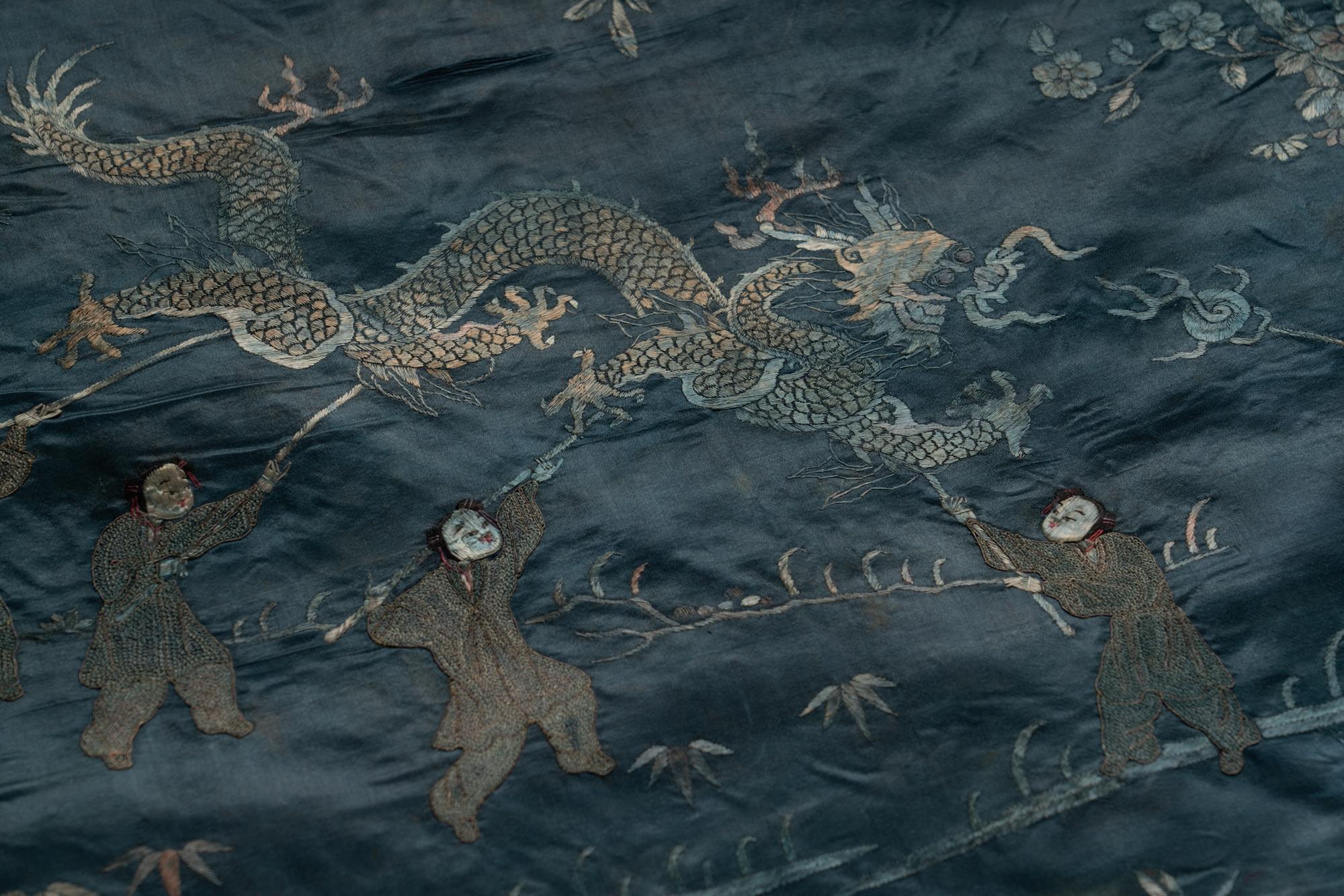 Two Chinese Blue Embroidered Silk Hanging Panels