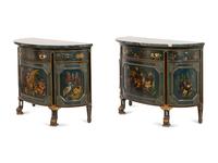 A Pair of Continental Polychrome Decorated Demilune Cabinets