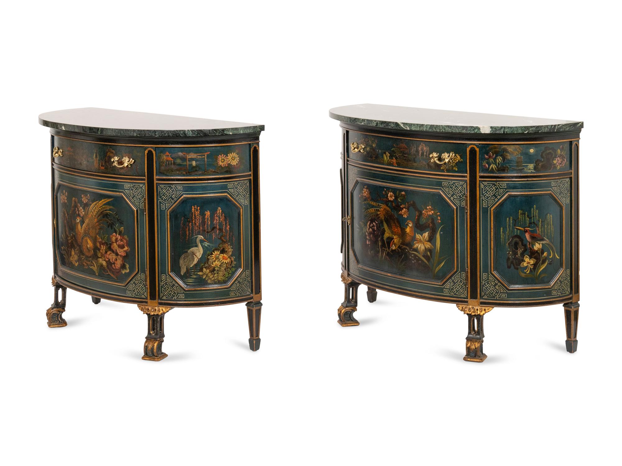 A Pair of Continental Polychrome Decorated Demilune Cabinets