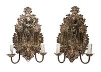 A Pair of Regence Silver-Plate Two-Light Sconces, Height 16 3/4 inches.