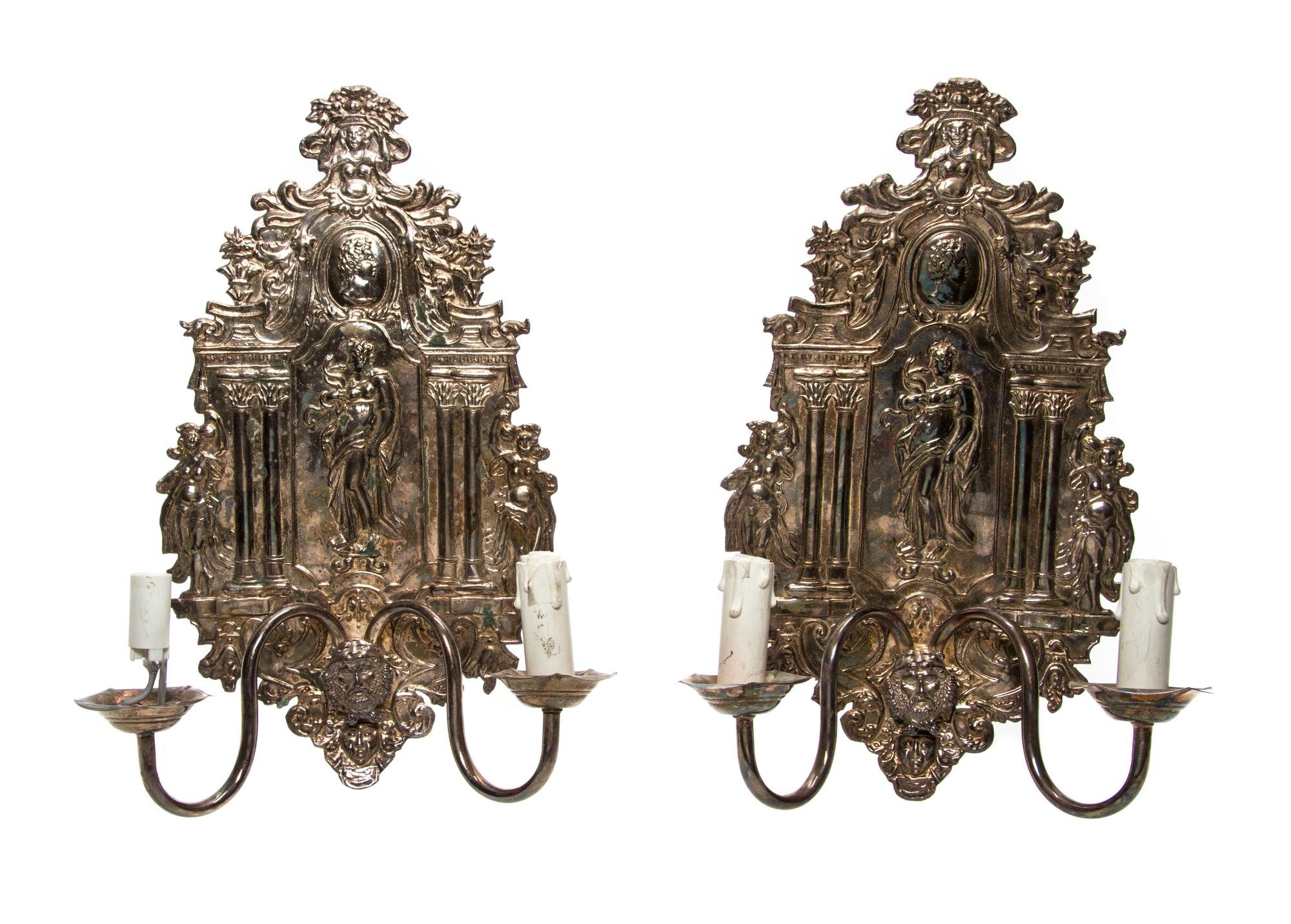 A Pair of Regence Silver-Plate Two-Light Sconces, Height 16 3/4 inches.