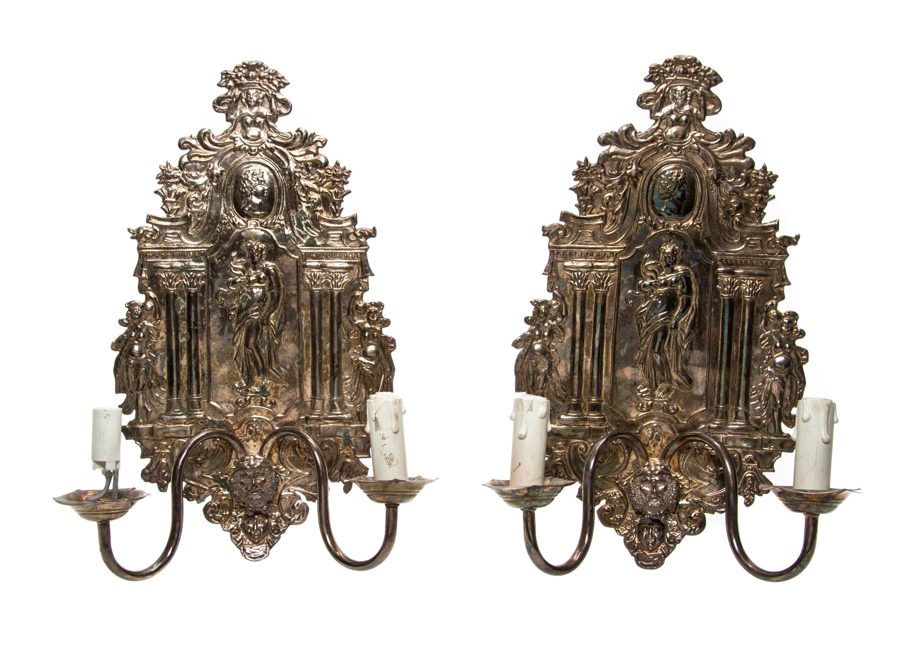 A Pair of Regence Silver-Plate Two-Light Sconces, Height 16 3/4 inches.