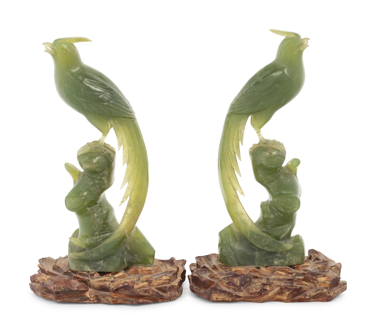 A Pair of Carved Serpentine Bird Figures