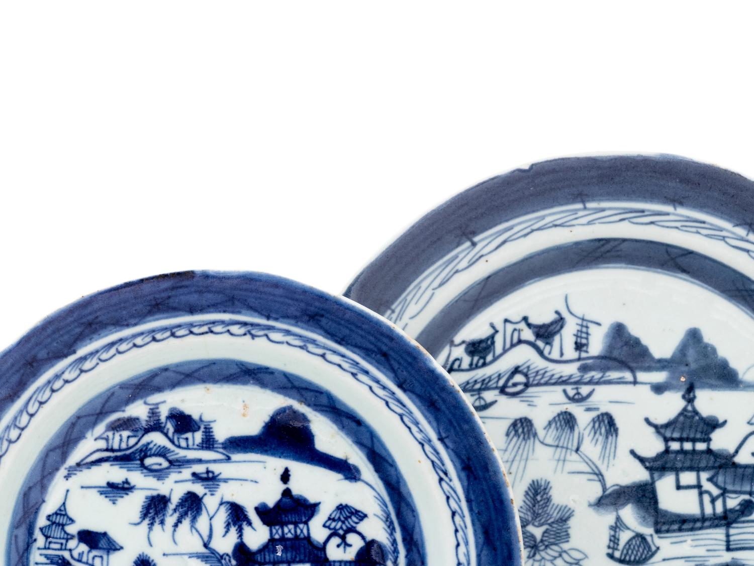 Seven Chinese Export Canton Blue and White Porcelain Wares