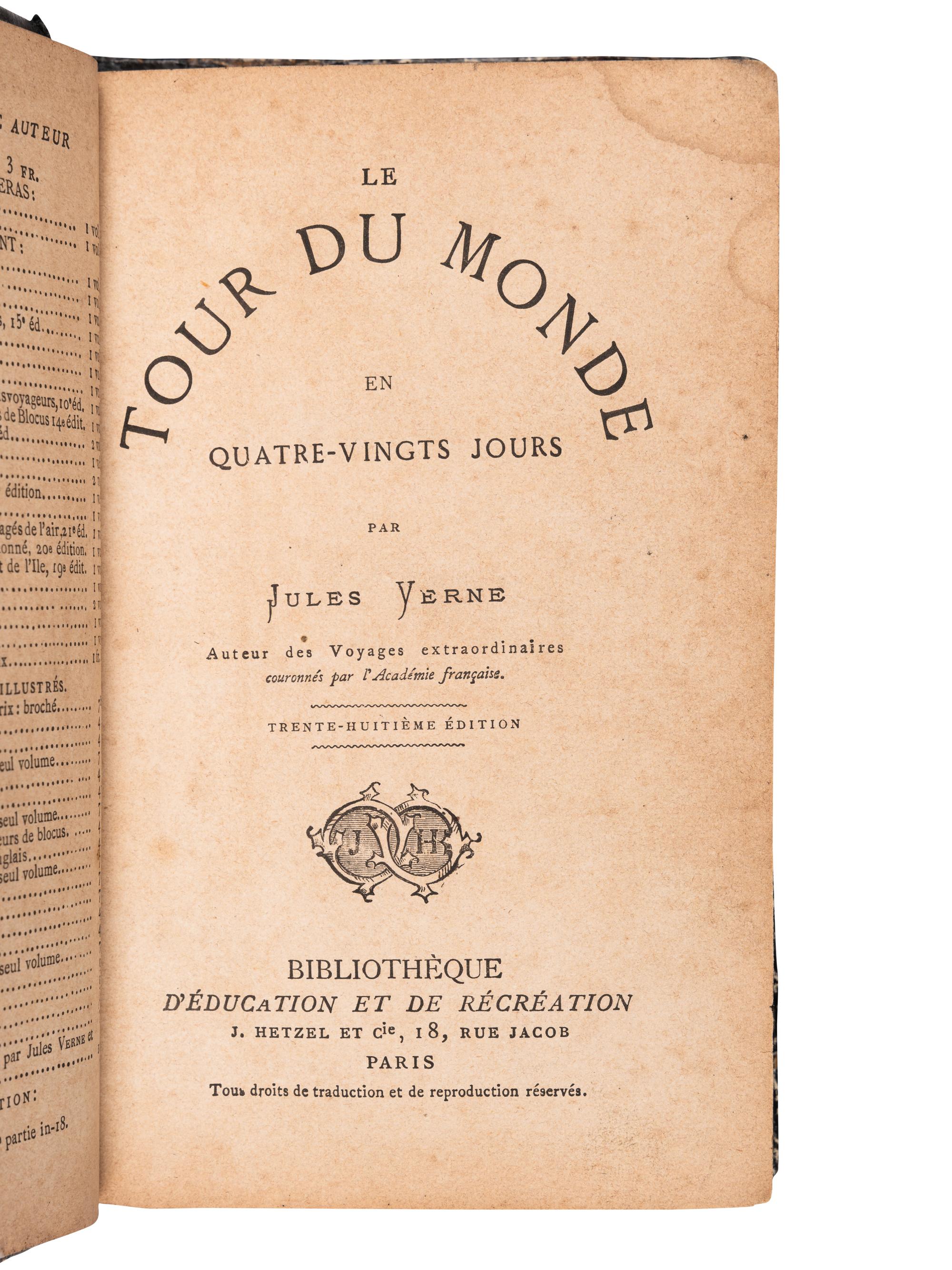 VERNE, Jules (1828-1905). Tour du monde en quatre-vingts jours . Paris: Pierre Jules Hetzel, [1873].