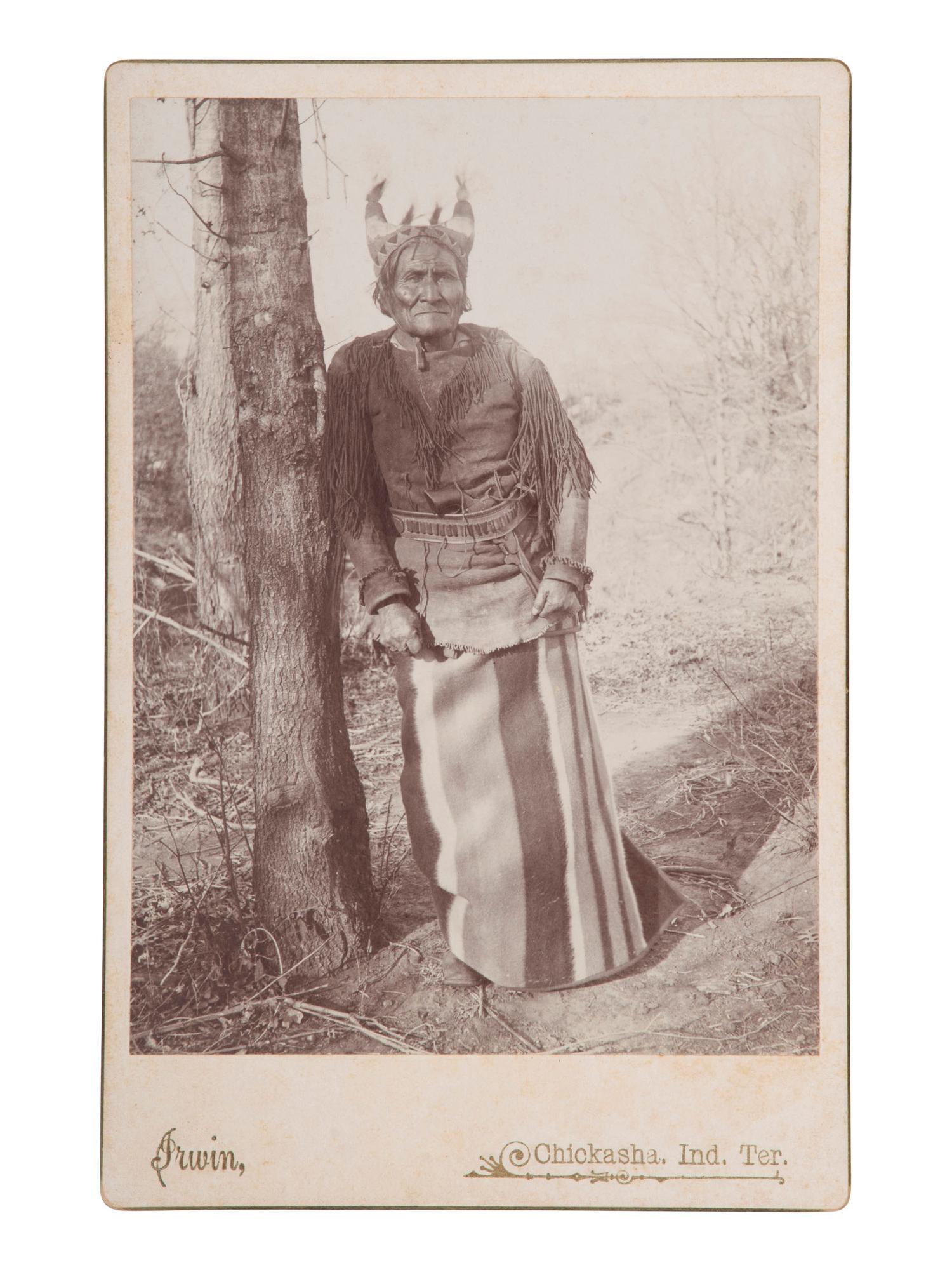 [NATIVE AMERICANS]. IRWIN, William E., photographer. Cabinet card of Apache Indian Chief Geronimo. Chickasha, Indian Territory [Oklahoma]: ca 1889.