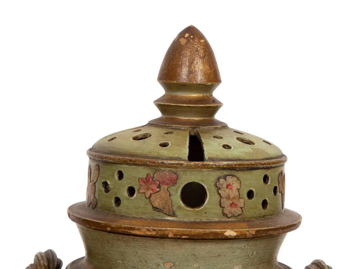 A Continental Green Glazed Ceramic and Canvas Appliqué Vase Garniture