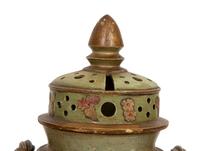 A Continental Green Glazed Ceramic and Canvas Appliqué Vase Garniture