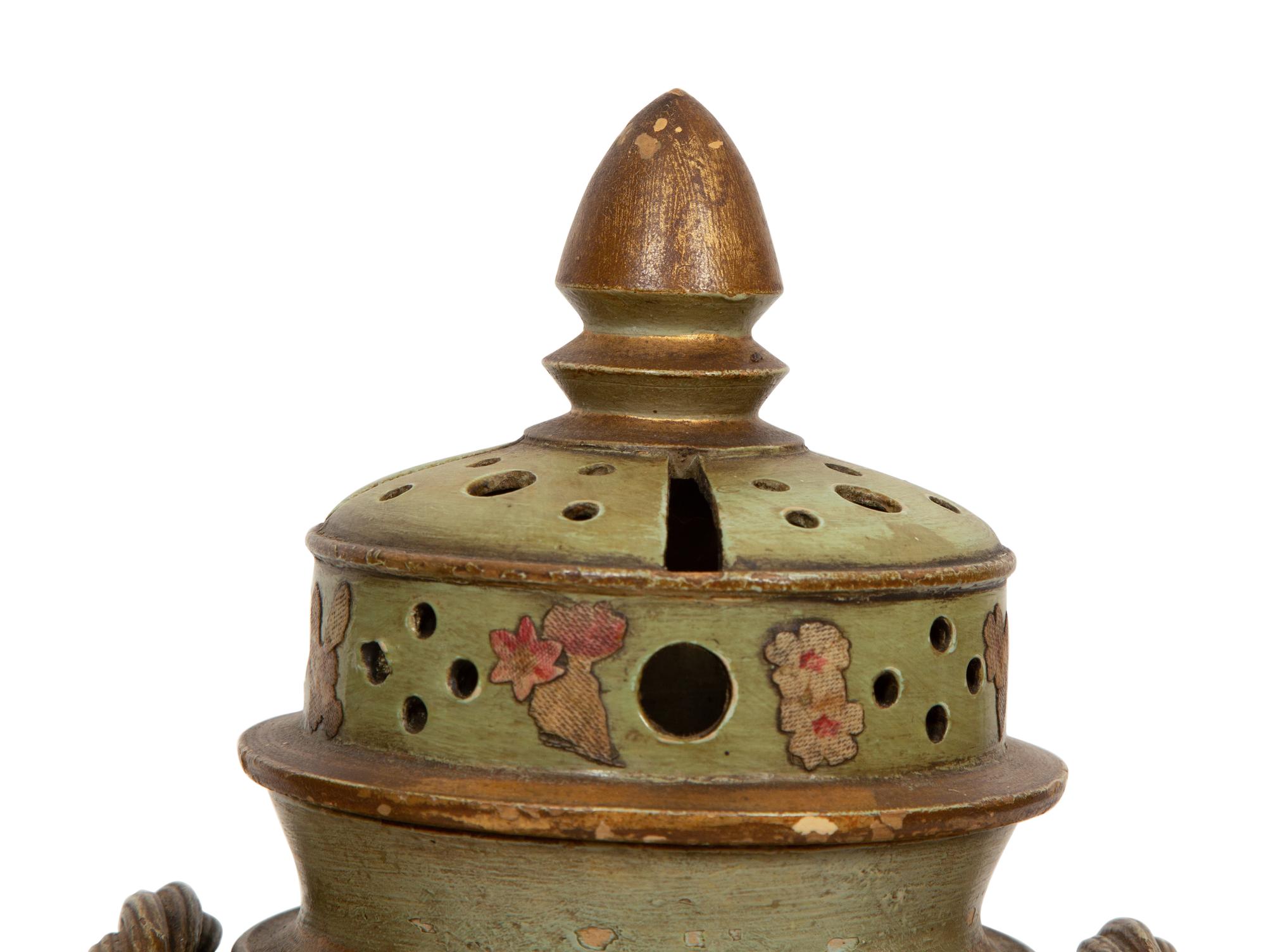 A Continental Green Glazed Ceramic and Canvas Appliqué Vase Garniture