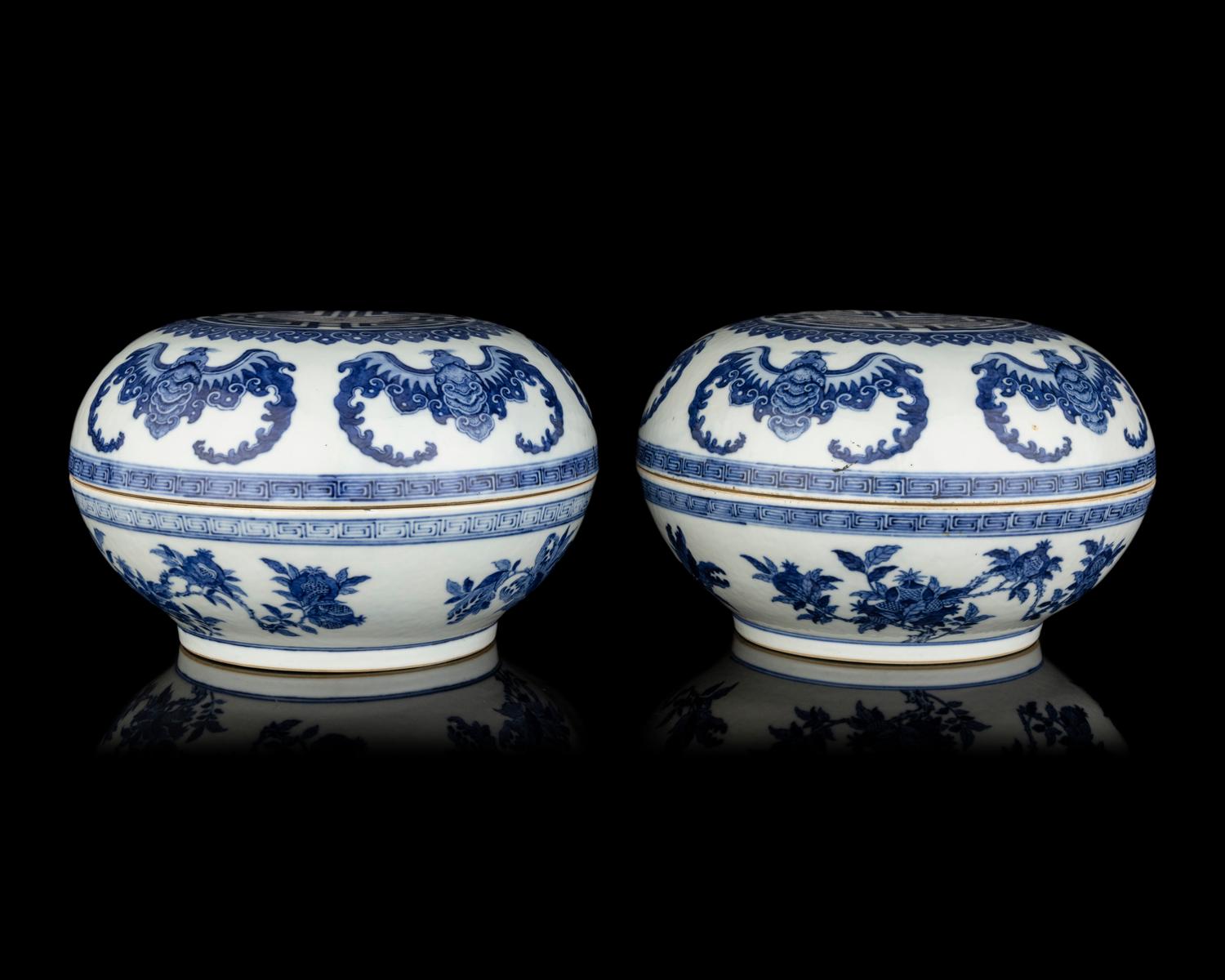 A Pair of Chinese Blue and White Porcelain Covered Boxes