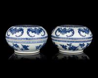 A Pair of Chinese Blue and White Porcelain Covered Boxes