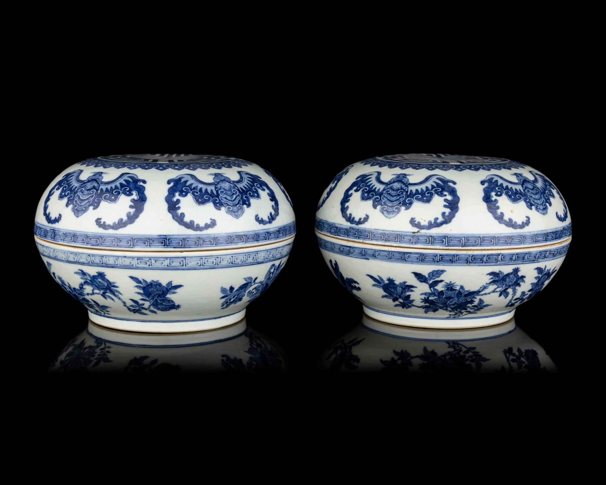 A Pair of Chinese Blue and White Porcelain Covered Boxes