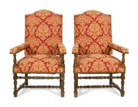A Pair of Louis XIII Style Damask Upholstered Fauteils
