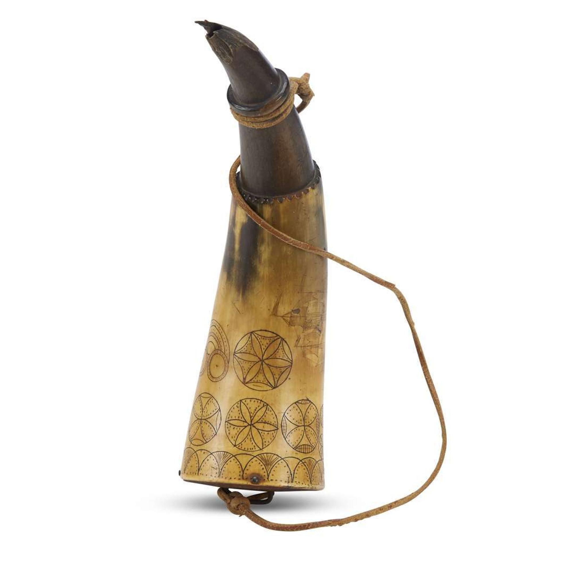 Incised powder horn, "The Ship Polle" 18th century