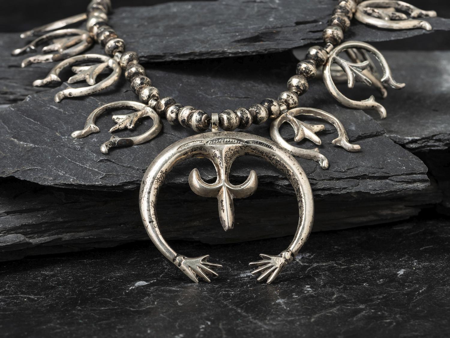 Navajo Sandcast Silver Squash Blossom Necklace