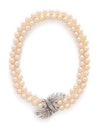 CULTURED PEARL AND DIAMOND DOUBLE STRAND NECKLACE