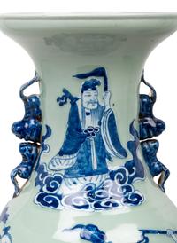 A Pair of Celadon Ground Underglaze Blue Porcelain 'Eight Immortals' Baluster Vases