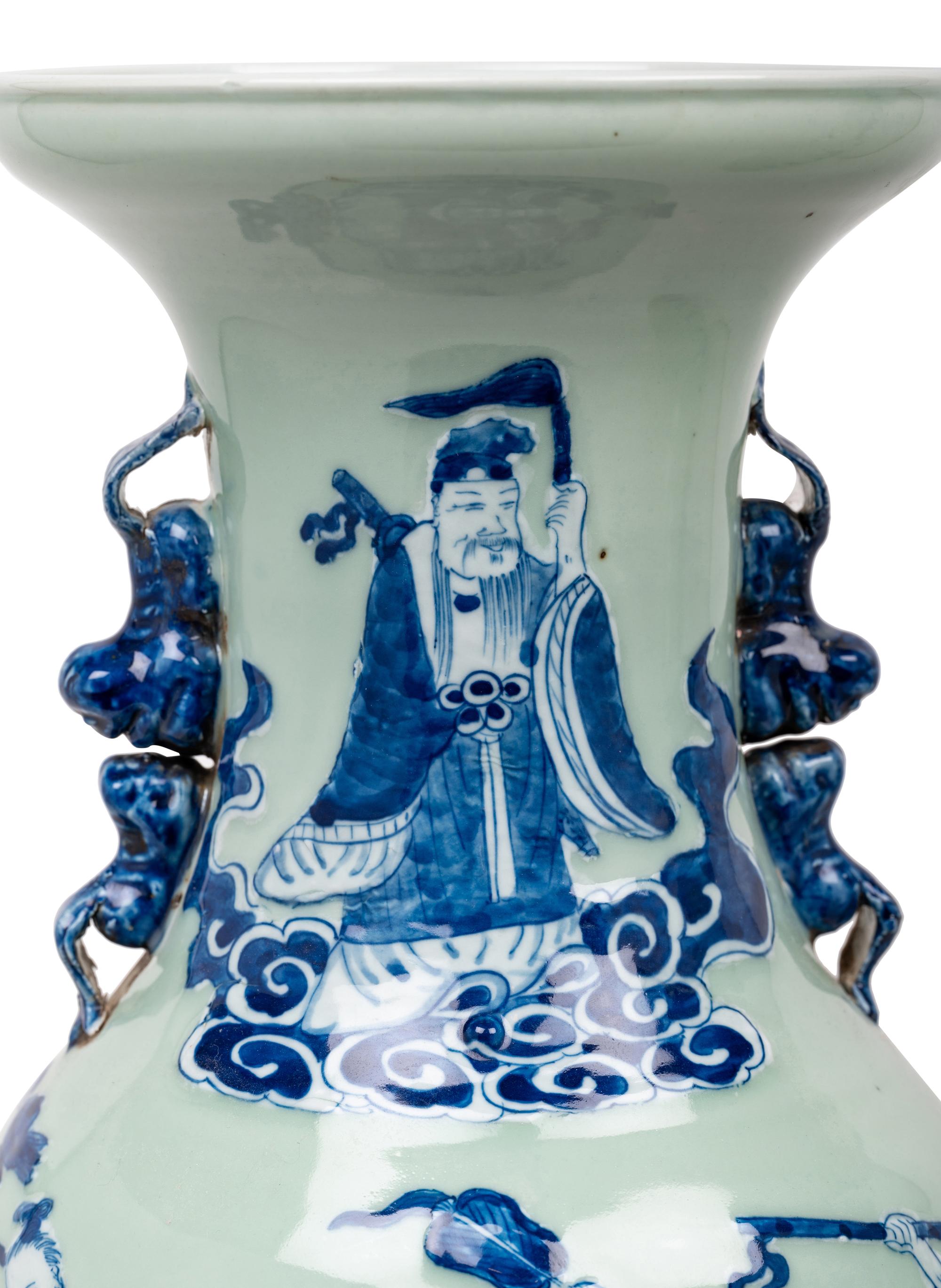 A Pair of Celadon Ground Underglaze Blue Porcelain 'Eight Immortals' Baluster Vases