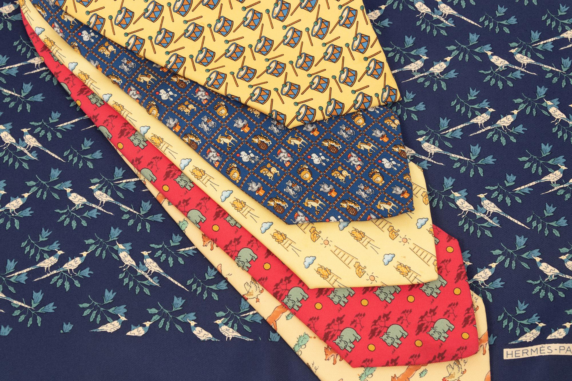 Collection of Five Ties: Four Hermès, One Salvatore Ferragamo, and One Hermès Handkerchief