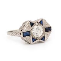 Diamond, Synthetic Sapphire, and White Gold Ring