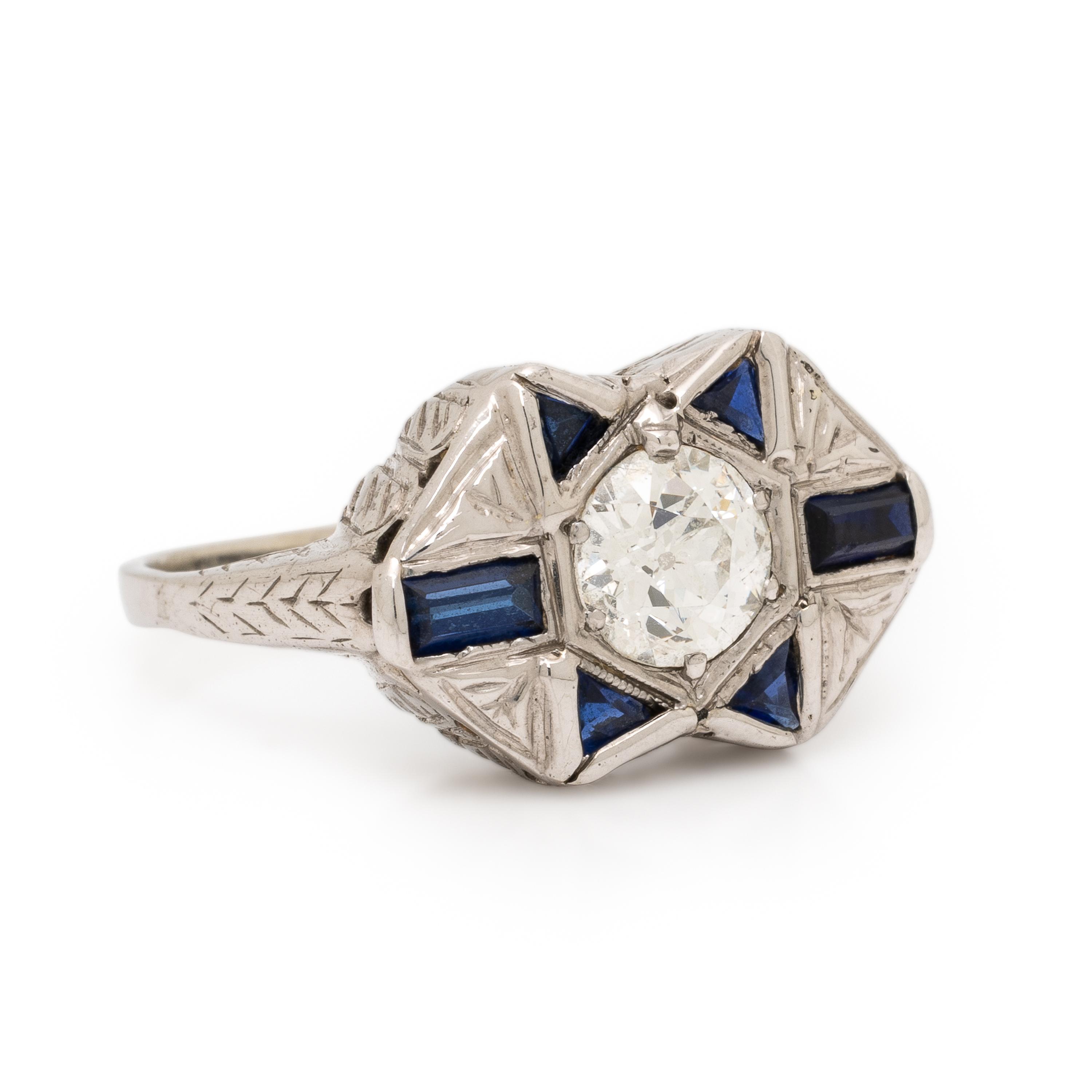 Diamond, Synthetic Sapphire, and White Gold Ring