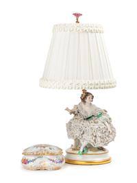 A Dresden Lace Porcelain Figural Lamp