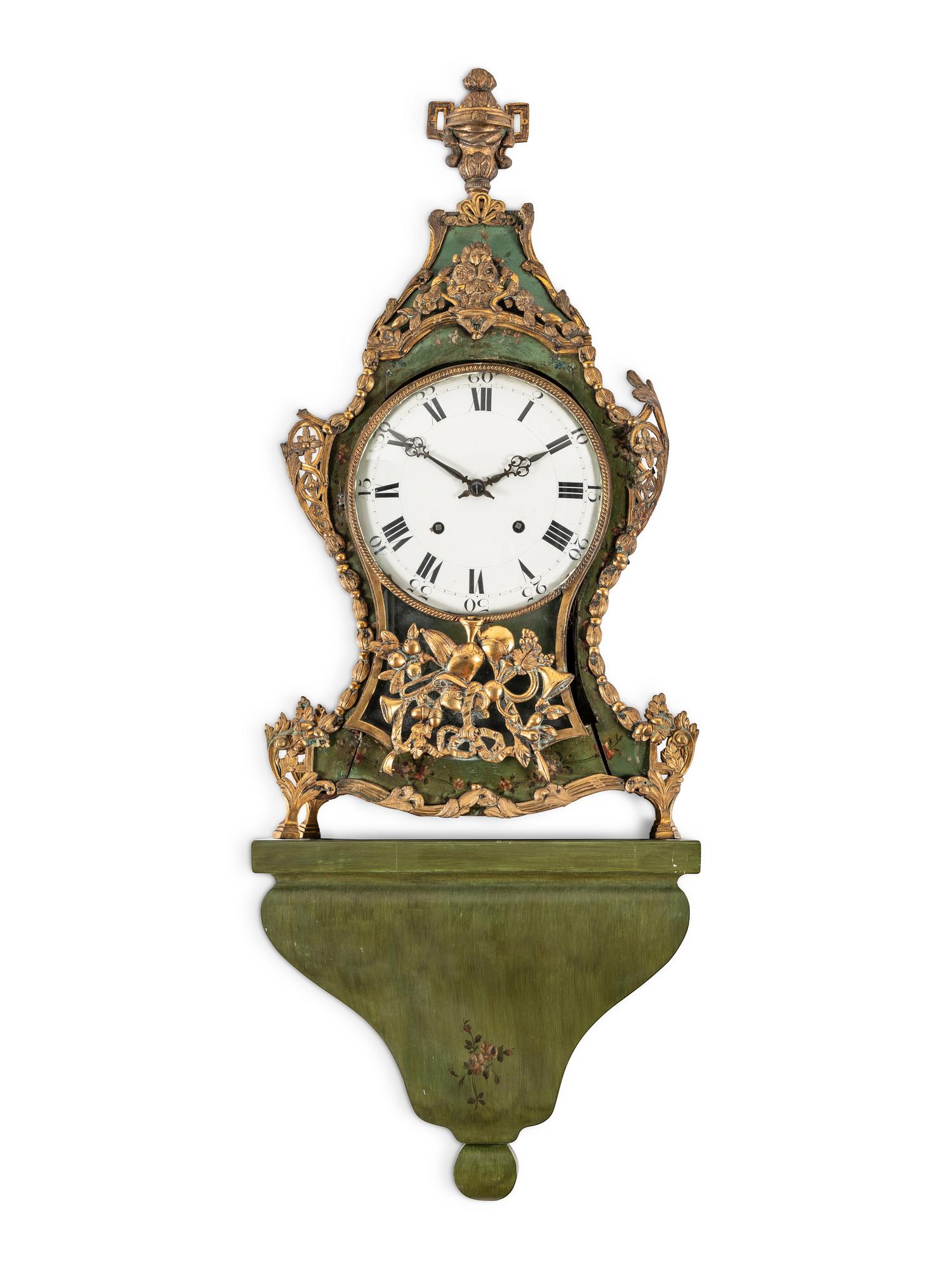 A Louis XV Gilt Metal Mounted Green-Painted Bracket Clock and Bracket