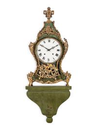 A Louis XV Gilt Metal Mounted Green-Painted Bracket Clock and Bracket