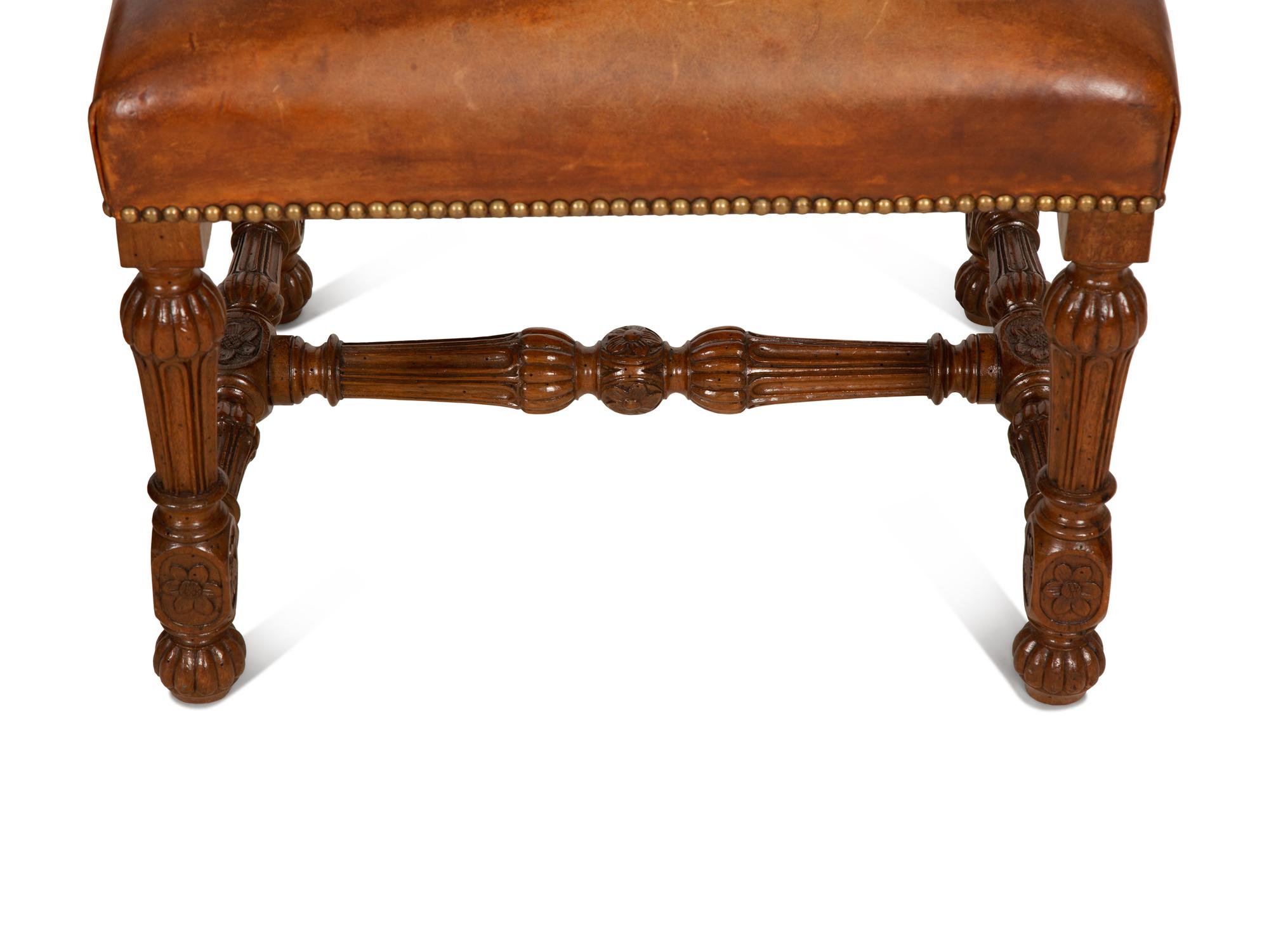 A Pair of Carved Walnut Regence Style Leather Upholstered Stools