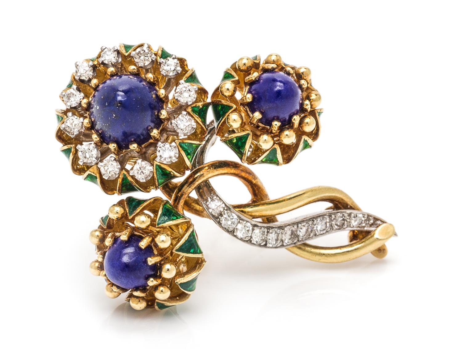 An 18 Karat Bicolor Gold, Lapis Lazuli, Diamond, and Enamel Brooch, La Triomphe, 14.90 dwts.