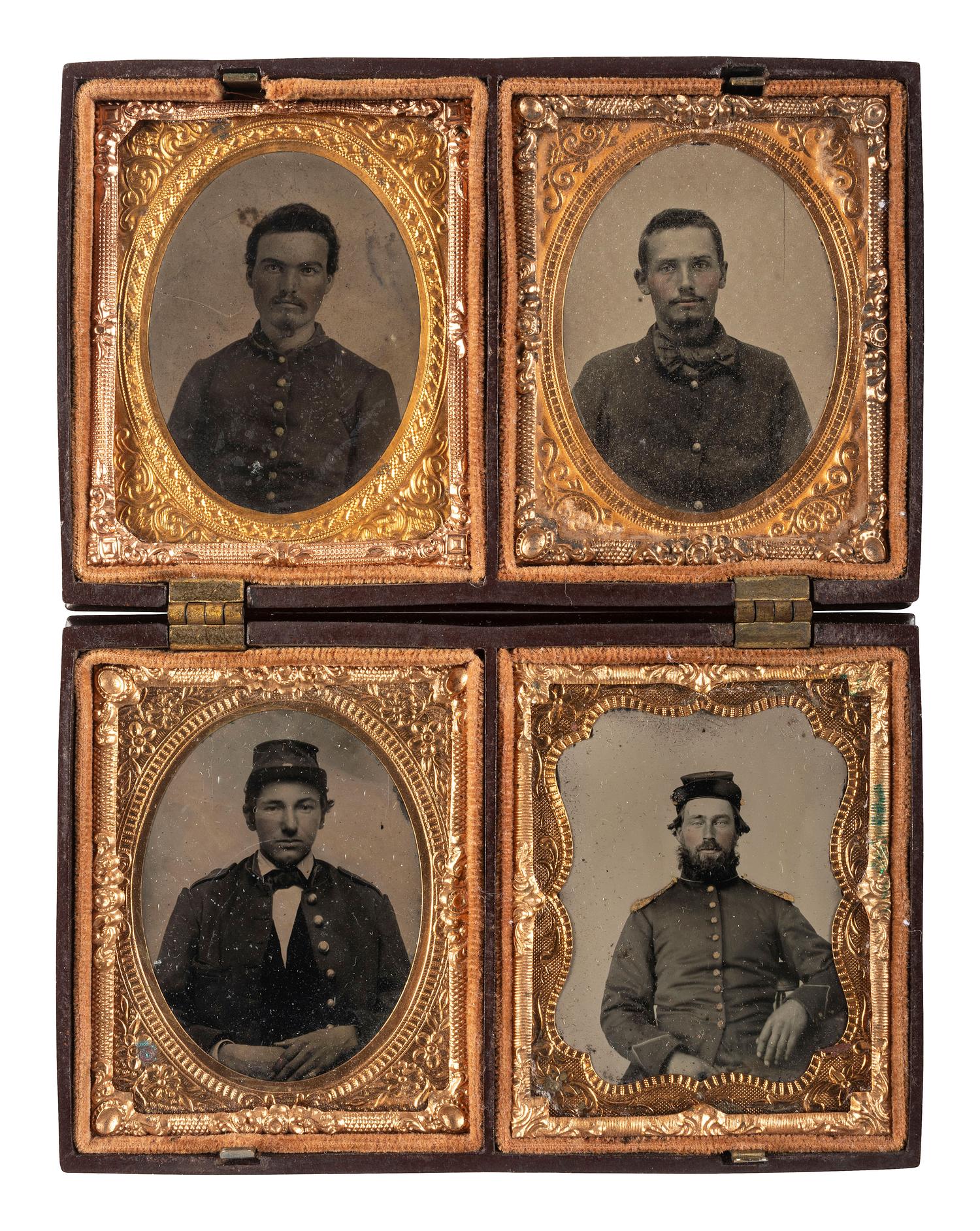 [CIVIL WAR]. A group of 4 ninth plate ambrotype and tintype portraits of soldiers, housed together in a Union case, comprising: