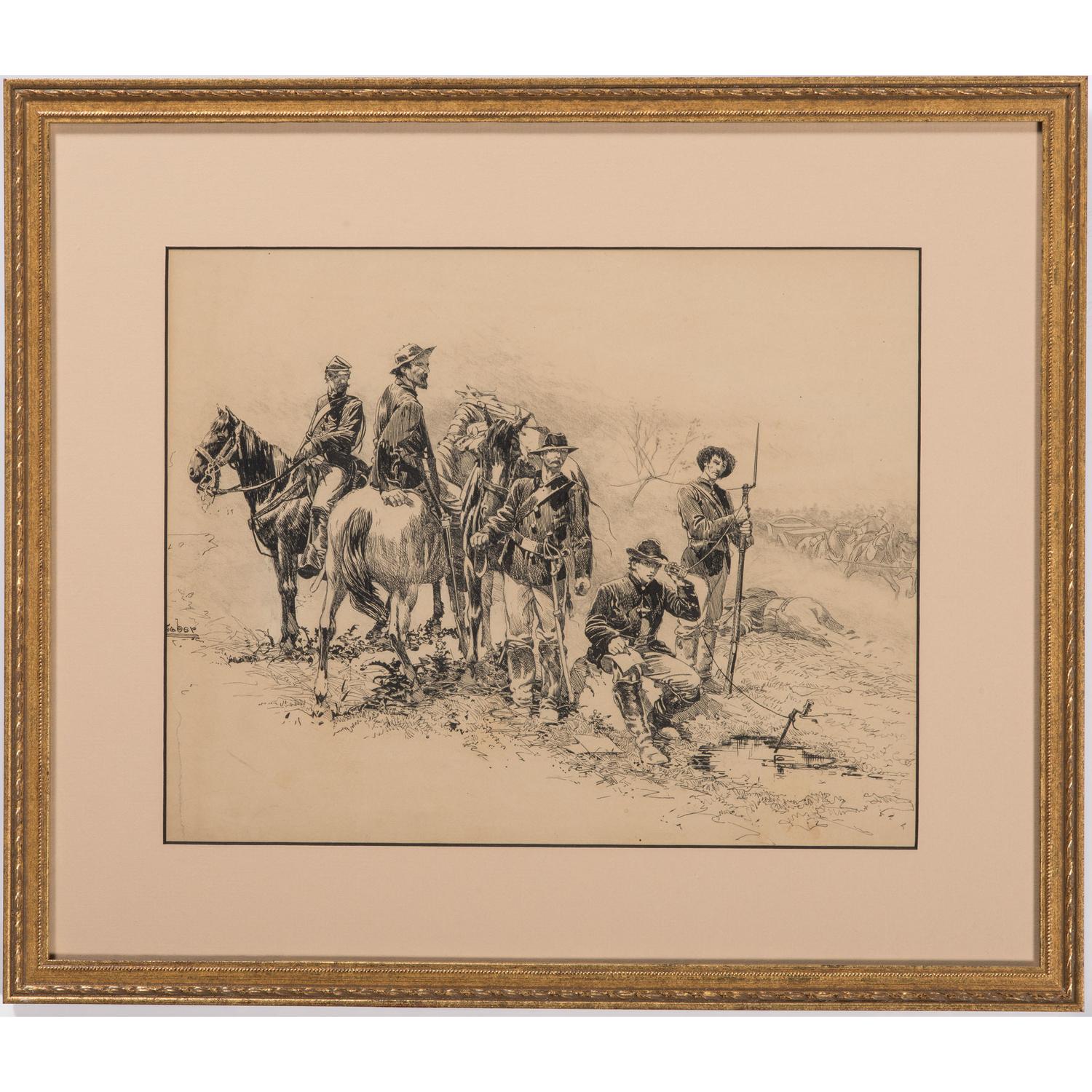 Telegraphing in the Field, Original Pen and Ink Sketch by I. Walton Taber
