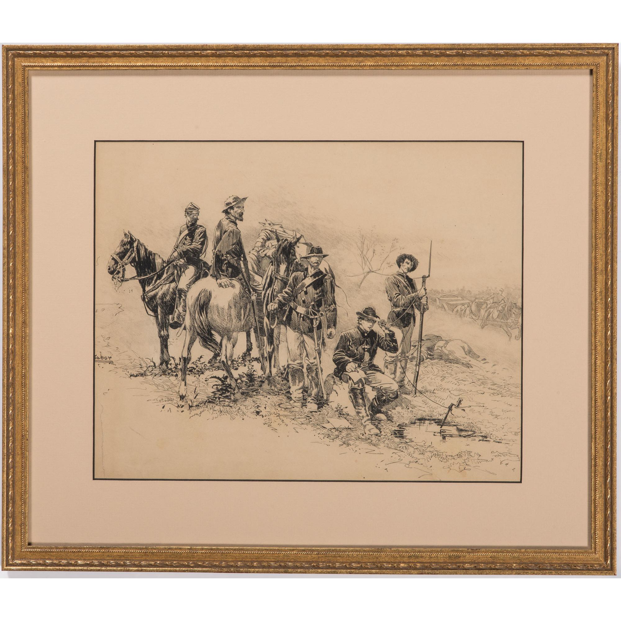 Telegraphing in the Field, Original Pen and Ink Sketch by I. Walton Taber