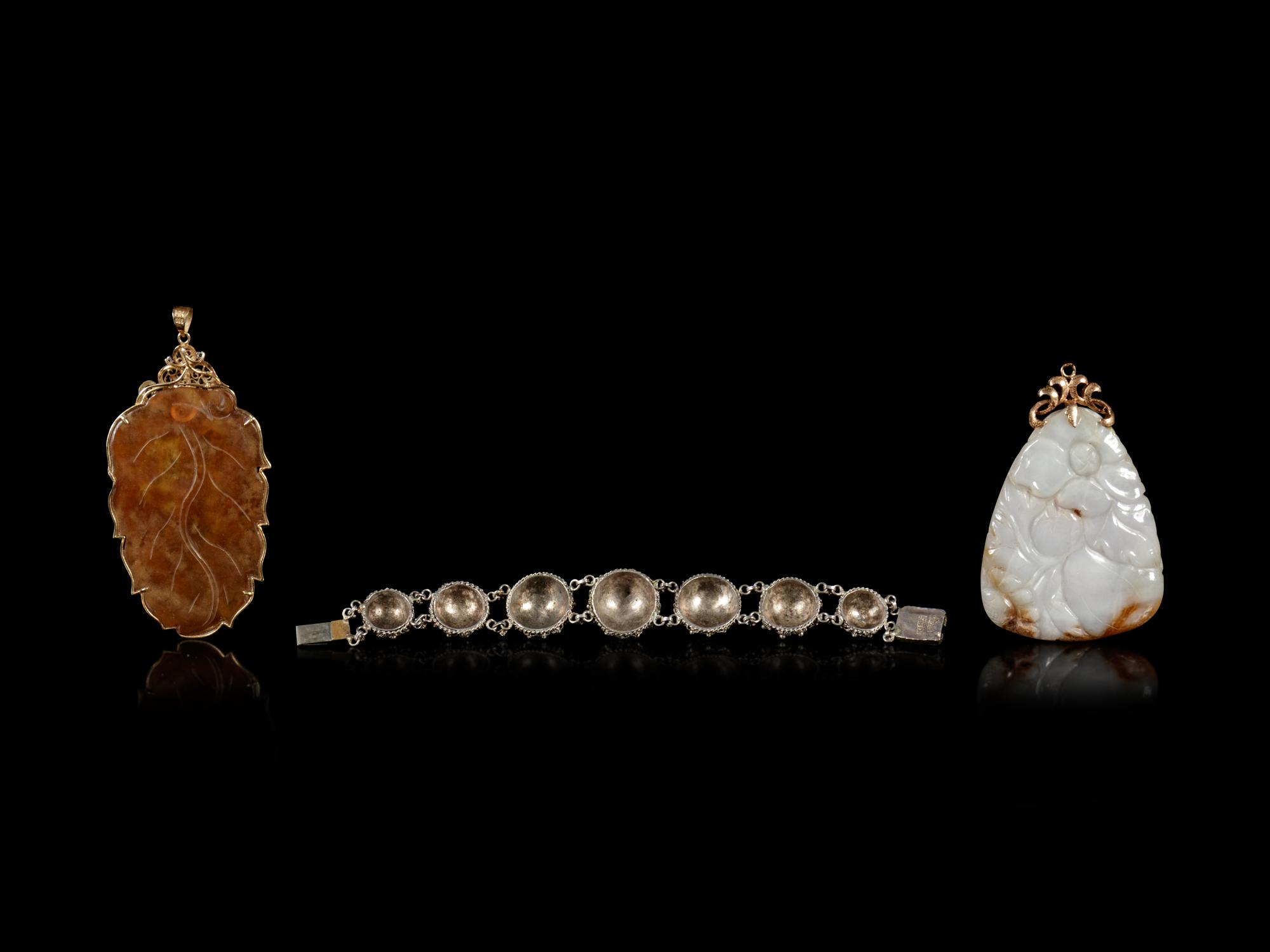 Three Chinese Jadeite and Hardstone Inset Jewelry