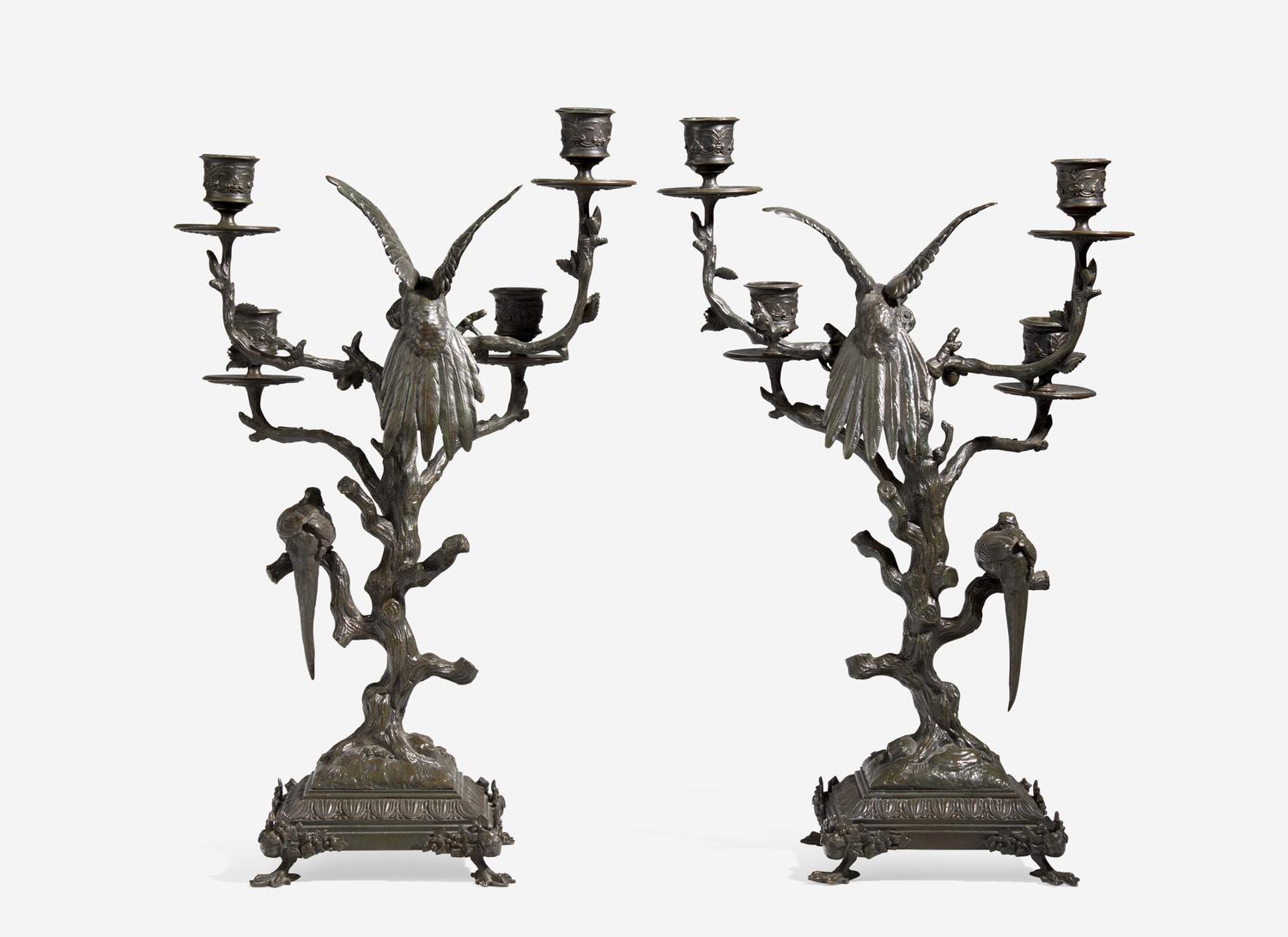 A Pair of Patinated Bronze Animalier Four-Light Candelabra